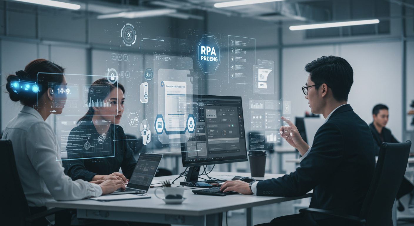 An office scene with RPA software automating procurement tasks.